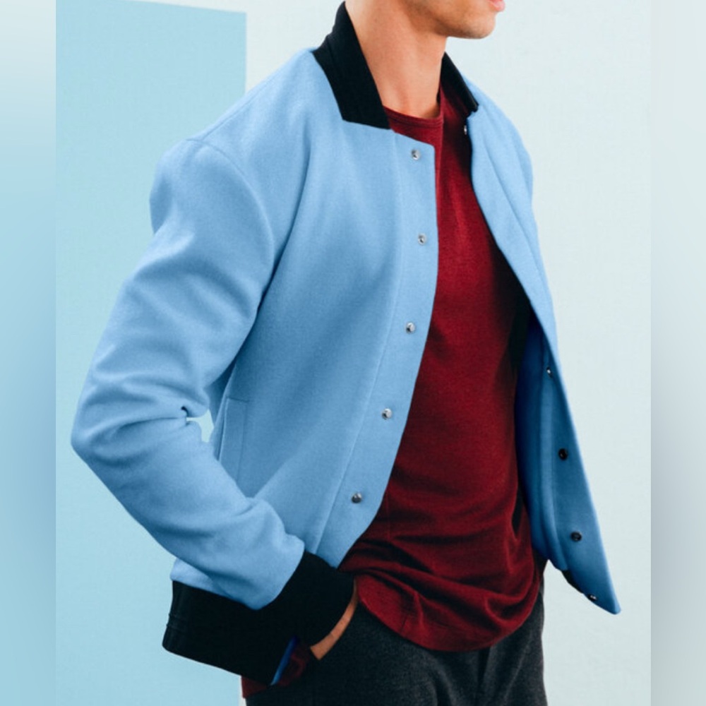 NWT APL x Woolmark The Perfect Wool Varsity Jacket in Powder Blue - Size L